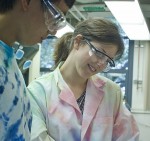 Photo of Professor Lelia Hawkins in the lab with a student researcher
