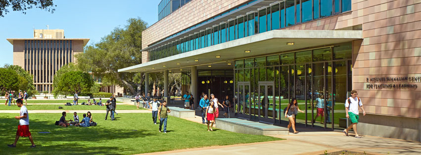 Students walk near Shanahan Center at Harvey Mudd College