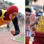 Harvey Mudd College track and field athletes Sabrine Griffith ’20 and Miles Christensen ’22 in action
