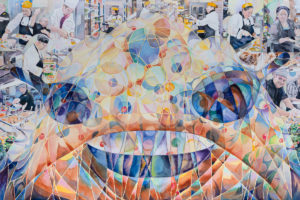 Painting collage of dining hall with people and abstract shapes.