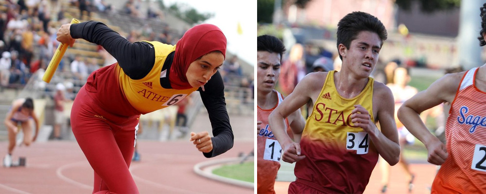 Harvey Mudd College track and field athletes Sabrine Griffith ’20 and Miles Christensen ’22 in action