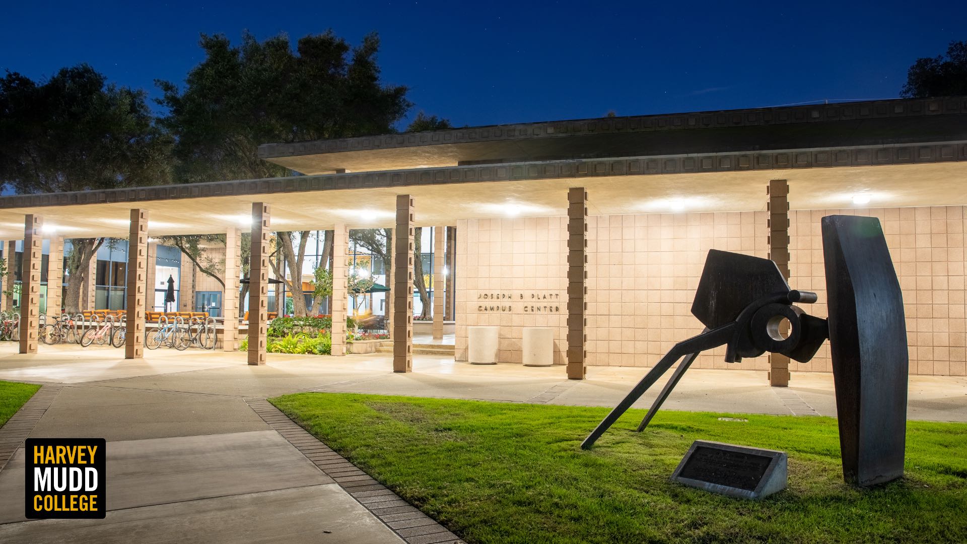 Platt Campus Center at night, Harvey Mudd College