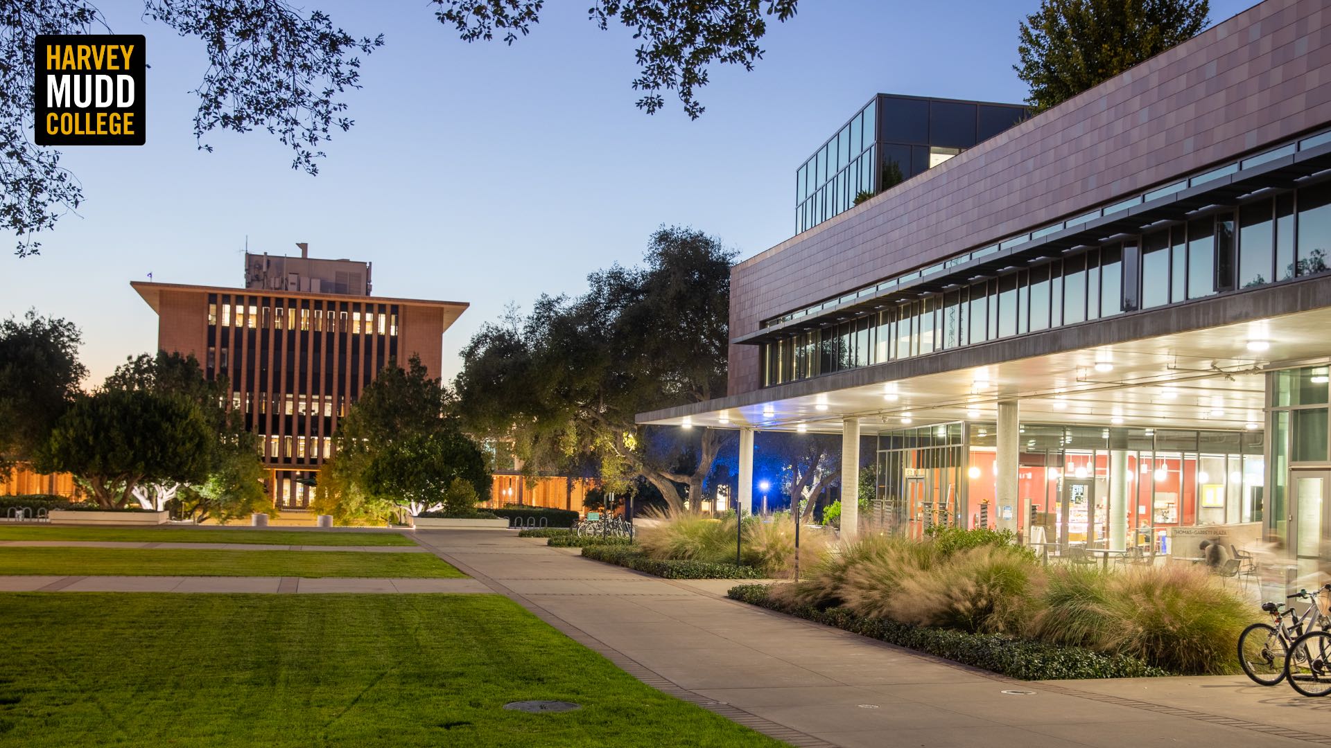 Shanahan Center and Sprague Center, looking west at night, Harvey Mudd College