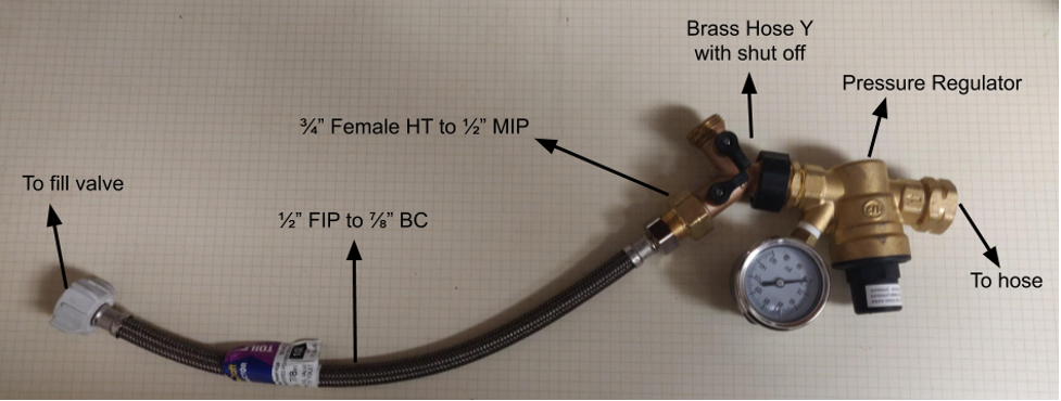 Pipe connections connect garden hose to the simple fill valve test setup.