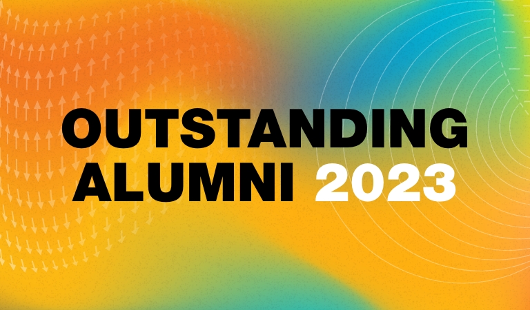 black and white text reads outstanding alumni 2023 on a colorful background