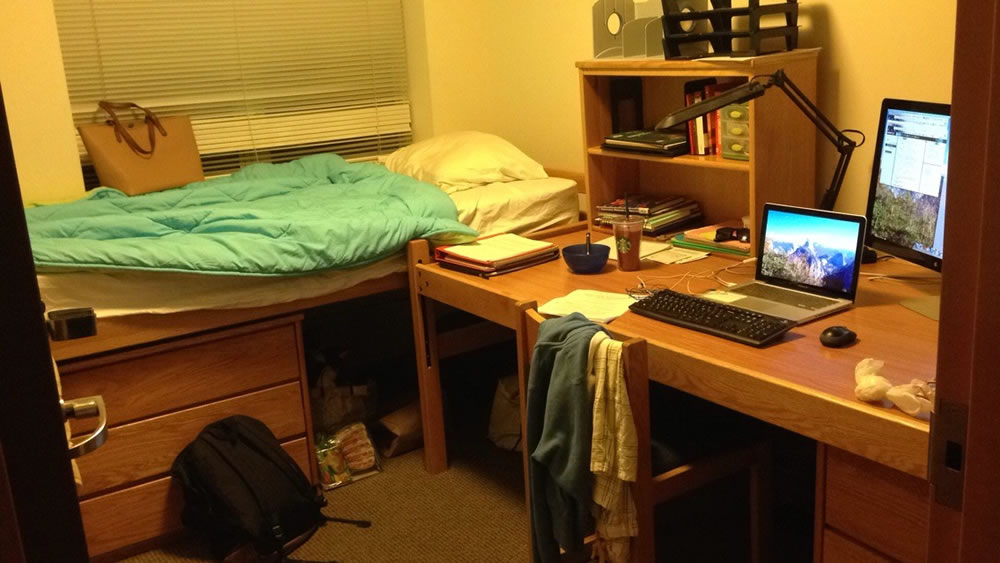 My summer room, which is a single in Sontag Hall. Sontag suites come with a kitchen! Also, note the huge monitor peeking out from behind my laptop. Ideal for multiple windows of MATLAB and LaTEX.
