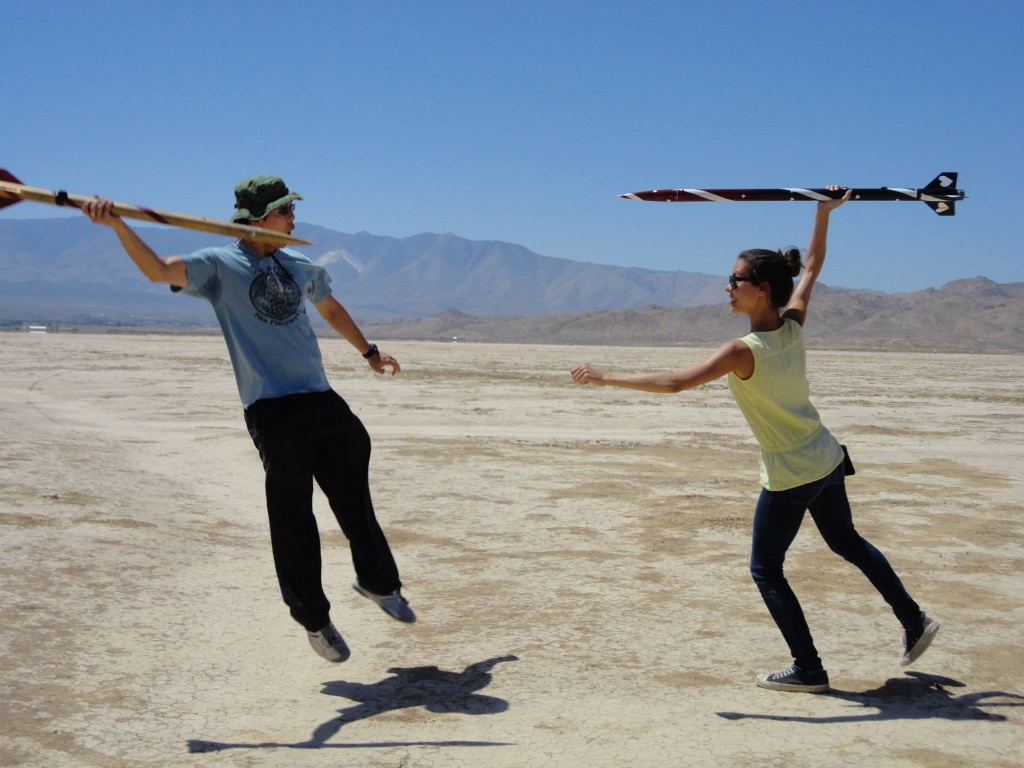 Ivan '15 (left) flies away as Cassandra Meyer '15 (right) charges forward with her E80 rocket.