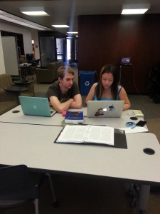The board provided a convenient shield from seniors Casey Cannon and Laura Zhang, who were working hard on their research with Prof. Donnelly.