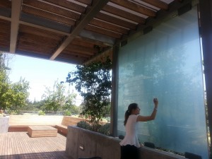 There's a really nice outdoor space on the third floor of "the Shan" (or the "RMSCTL," pronounced "rum skittle"). Kaitlin models one of the dry-erase markers on the frosted glass whiteboard.
