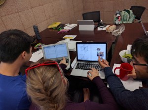 From the left: Richard Liu, Emily Swindle, Anji Malpani working on E72 homework. On Richard's screen, you can see Matlab, on Emily's Mathematica