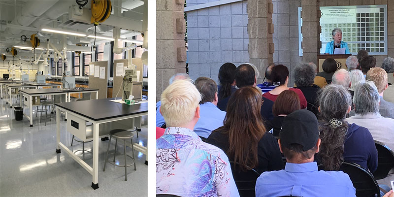 Left: lab benches in the DePriester Family Physical Chemistry Lab. Right: community members listen to President Maria Klawe speak in front of the chemistry building