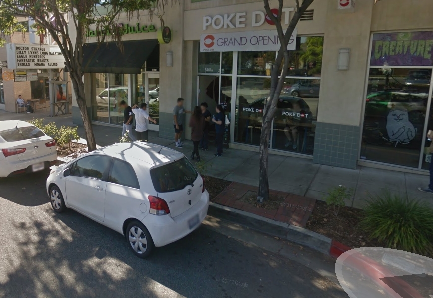 Storefronts along Indian Hill Blvd: Jamba Juice and Poke Dot