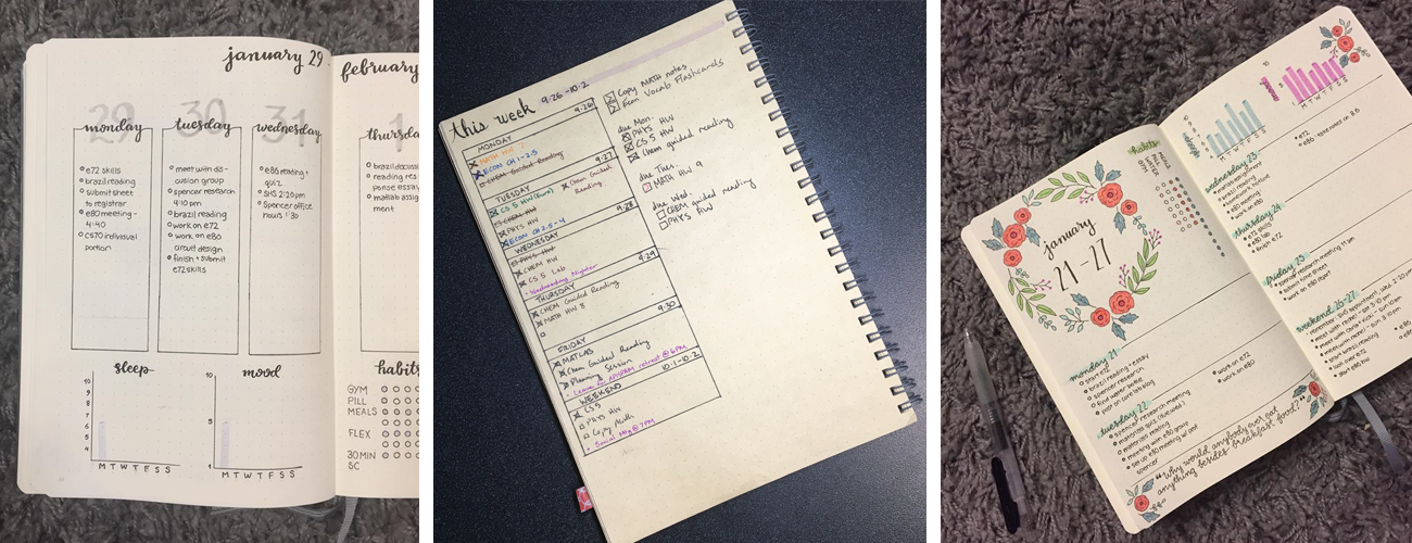 Three bullet journal weekly spreads showing off various ways to lay out a week and decorate.
