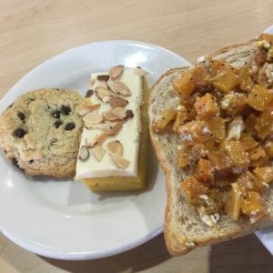 Whole wheat toast with egg, butternut squash, balsamic dressing, and goat cheese with a vegan chocolate chip cookie and almond orange cake