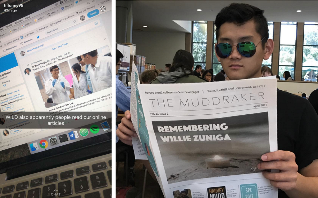 LEFT: A photo of a laptop screen open to a twitter feed where someone has posted a Muddraker article titled Saying Bye-O to Core Lab. The photo says “WILD also apparently people read our online articles” RIGHT: A student wearing large sunglasses holds up an reads an issue of a newspaper