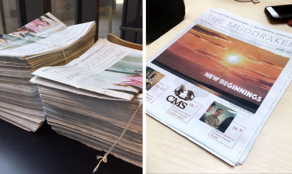 LEFT: Two large side-by-side stacks of newspapers RIGHT: A small stack of newspapers