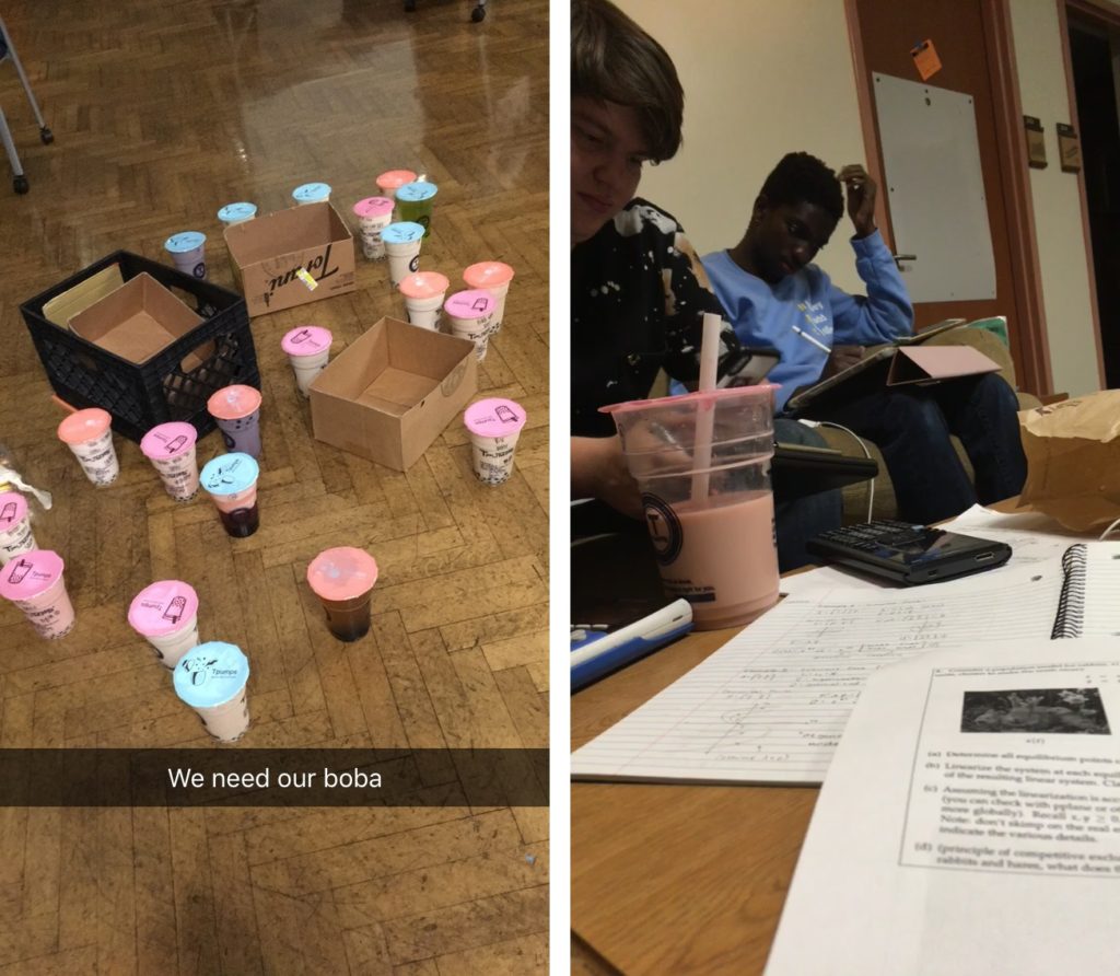 LEFT: About 20 multicolored boba drinks scattered across the floor with empty cardboard boxes. RIGHT: A math assignment and a half empty boba cup on a table with two students working on homework in the background.