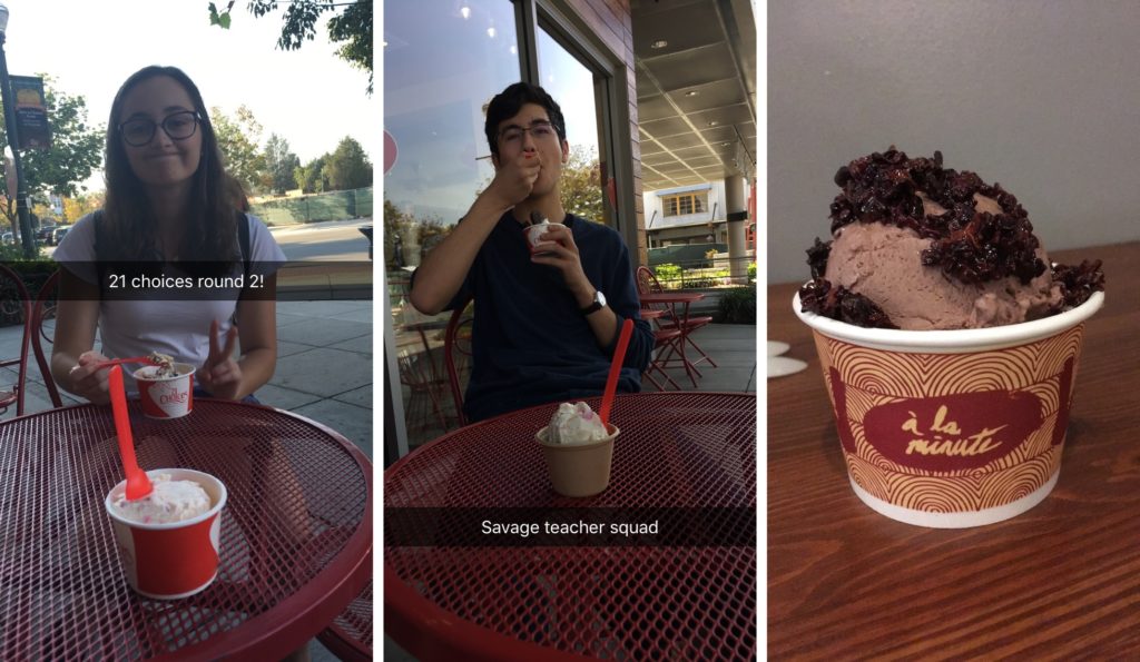 LEFT: A young woman poses, eating her frozen yogurt, with another cup of frozen yogurt on the table. MIDDLE: A young man eats a frozen yogurt, the spoon in his mouth, with another cup of frozen yogurt on the table. RIGHT: A cup of ice cream topped with cacao beans and honey on a wooden table.