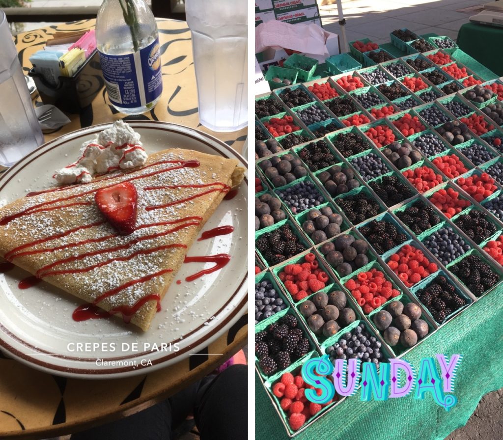 LEFT: A crepe topped with strawberry sauce and and powdered sugar on a plate. RIGHT: An array of raspberries, blackberries, blueberries and figs at a farmers market table.