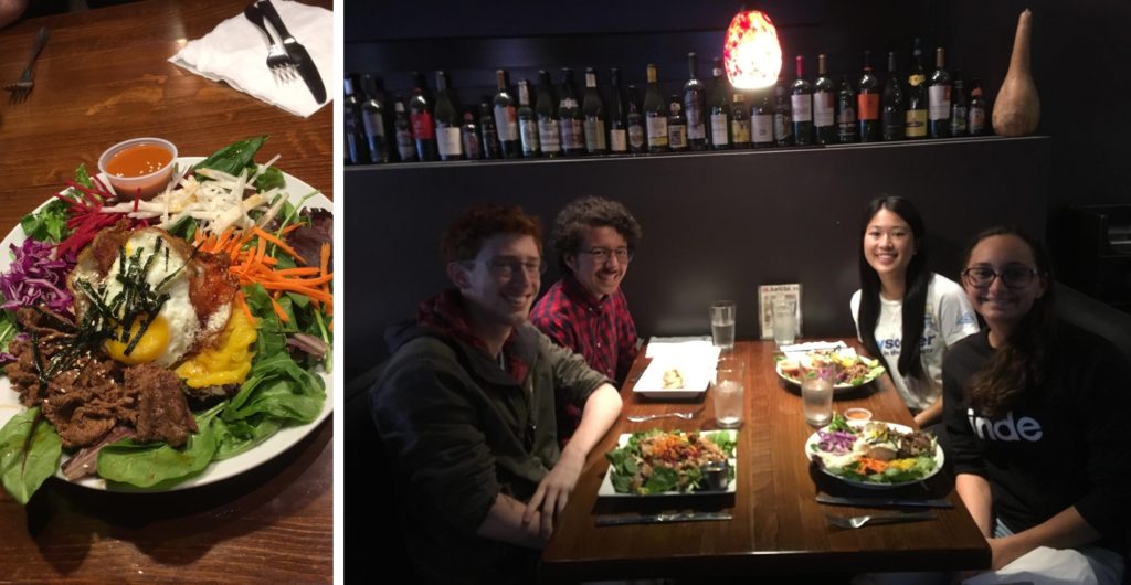 LEFT: A full plate of colorful vegetables, meat, and a fried egg. RIGHT: Four friends at a table with plates of food.