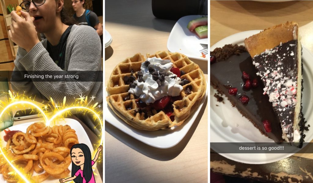 LEFT: A plate of curly fries. MIDDLE: A waffle on a plate topped with whipped cream, strawberries, and chocolate chips. RIGHT: Two slices of dessert on a plate.. On the left, a chocolate pie topped with chocolate ganache and pomegranate seeds, and on the right, a cheesecake topped with chocolate and peppermint.