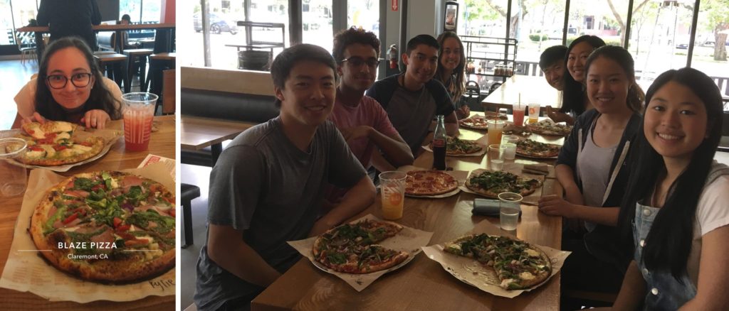 LEFT: A young woman sitting at a table and two pizzas. RIGHT: A group of 8 friends sitting at a long table with pizzas.