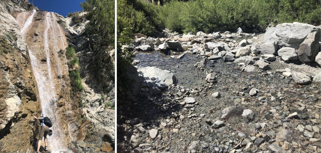 LEFT: A waterfall with a person at the bottom. RIGHT: A rocky creek with shrubbery in the background.