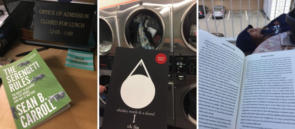 Left: A book sits on a table next to a sign saying “Office of Admission Closed for Lunch” Middle: A book is held up in front of a row of dryers Right: An open book is in the foreground, a sleeping person is in the background