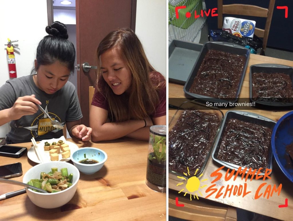 Left: A girl spoons sauce onto a plate of fried tofu as another girl looks on. There is another bowl on the table containing okra onion stir fry.