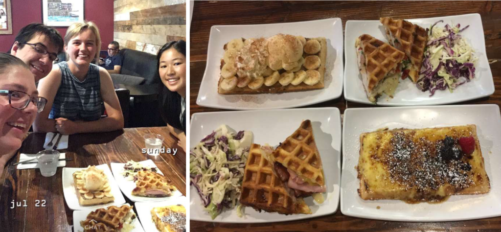 Left: Four people sit around a table with plates of waffles in front of them Right: Four plates of different waffles are all arranged in a square
