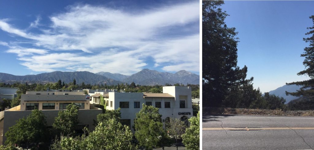 Left: Some buildings and trees are in the foreground, in the background of the photo is a mountain range and cloudy blue sky Right: A clear blue sky is framed by trees and you can see part of a mountain behind the trees
