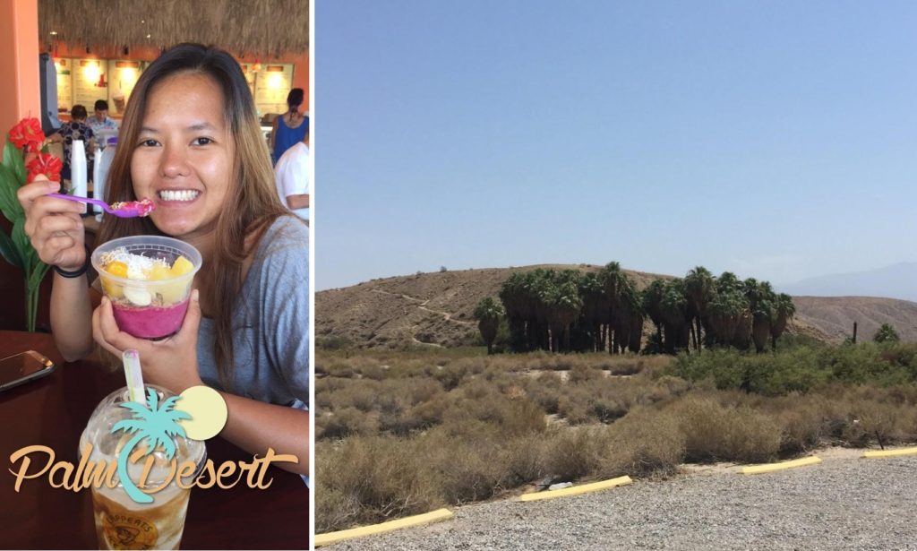 Left: A girl smiles, holding a bowl of food in one hand and a spoon in the other. In the front is a cup and geotag saying “Palm Desert” Right: A grove of palm trees is surrounded by brown shrubbery, short hills, and a gravel parking lot