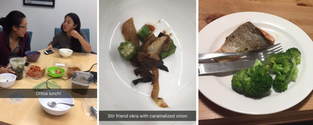 Left: Two girls eat from bowls on the table. Also arranged on the table are many containers holding different foods. Middle: A close up photo of a dish of stir fried okra and onion Right: A plate with salmon, some pieces of broccoli, and utensils