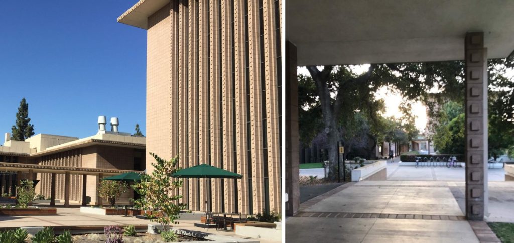 Left: The right side of the photo shows a tall building that has lines of concrete bumps along one side of the building. Right: An archway has two pillars supporting the roof. Both pillars are covered in protruding squares called warts