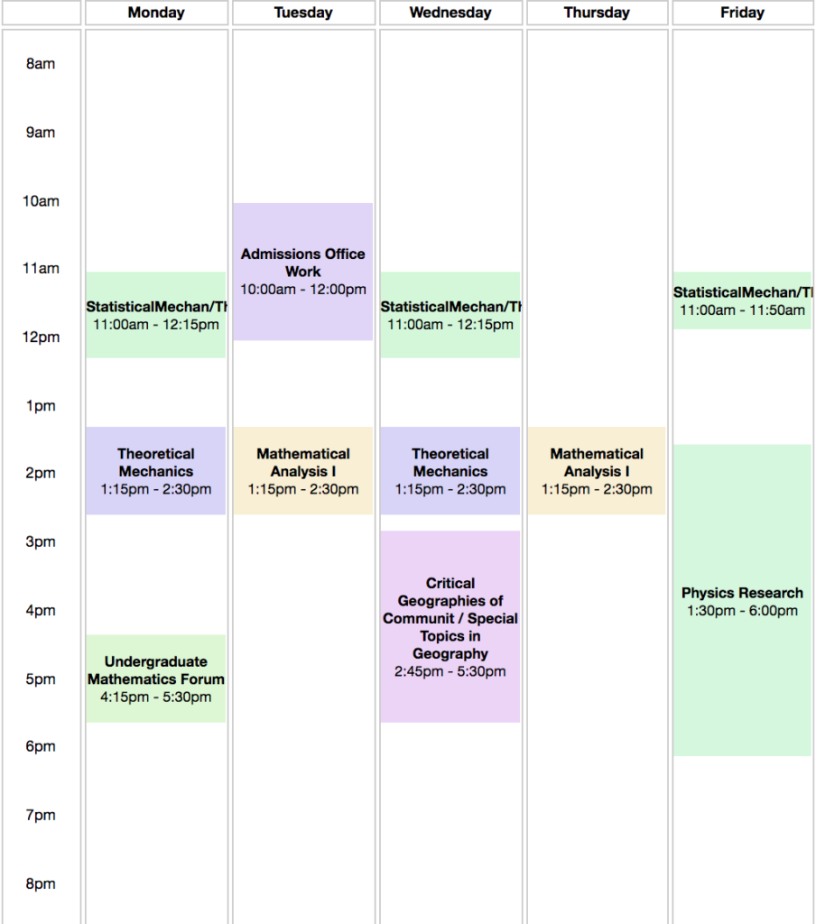 A schedule from 8am to 8pm, Monday through Friday. Statistical Mechanics is Monday Wednesday from 11-12:15pm, Theoretical Mechanics is Monday Wednesday from 1:15pm-2:30pm, Math Forum is from 4:15-5:30 on Mondays. Critical Geographies is from 2:45pm-5:30pm on Wednesdays. Math Analysis is 1:15pm-2:30pm on Tuesdays and Thursdays. Admission Office work is from 10am-12pm on Tuesday, and Physics Research is 1:30-6pm on Fridays.
