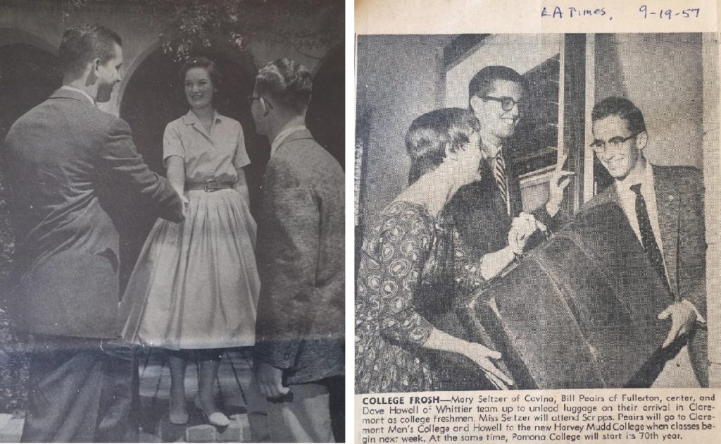 Left: A photo from a 1957 newspaper of a female and a male student shaking hands while David Howell looks on. Right: A photo from a 1957 newspaper with three students holding a suitcase outside of East Dorm