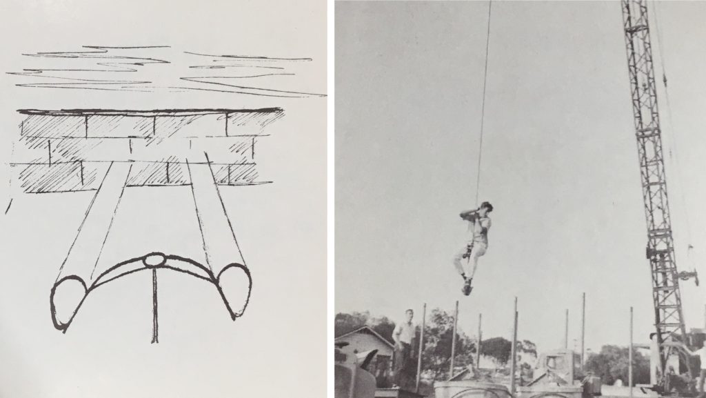 Left: A drawing of a car with its headlights shining onto a brick wall Right: A student hangs from a crane