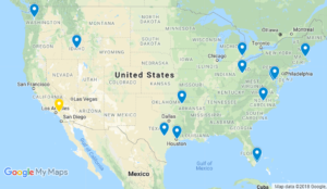 A screenshot of a GoogleMaps map of the USA. Different places on the map are marked with pins to represent the locations where students have started or ended their road trips.