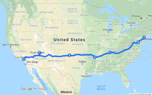 A Google Maps screenshot of a path from Princeton, New Jersey to Claremont with five stops in between.