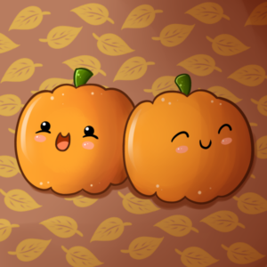 A cartoon of two anthropomorphized, cute pumpkins.