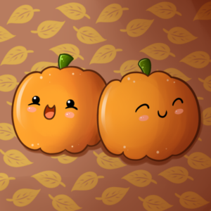 A cartoon of two anthropomorphized, cute pumpkins. 