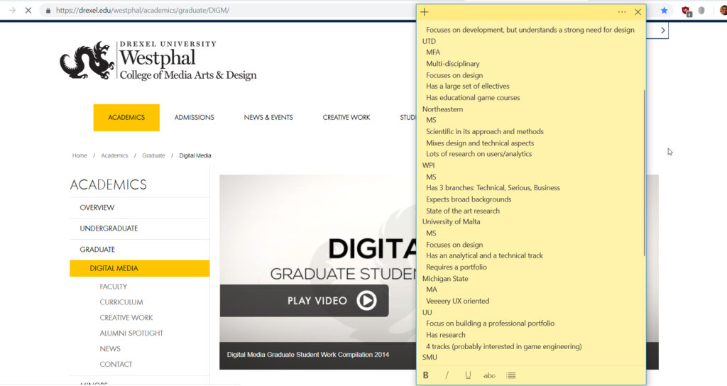 A screenshot of Izzy's laptop, with the webpage for Westphal College Media Arts & Design and a note with a long list of programs open