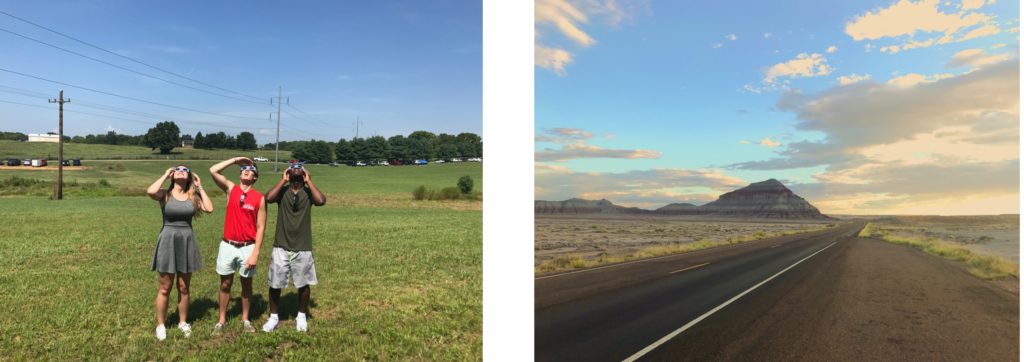 The left photo features the three students Jessica on the left, Will in the middle, and Eric on the right. They're looking up at the sky through glasses that shield their eyes from sun damage so that they can view the eclipse safely. The right photo is a landscape shot of a road with a mountain in the far ground.