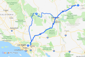 A Google Maps screenshot started at Claremont, going to Death Valley National Park, then to Zion National Park, before ending back in Claremont.