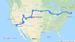 A Google Maps screenshot of a path from Boston to Claremont with 8 stops in between.