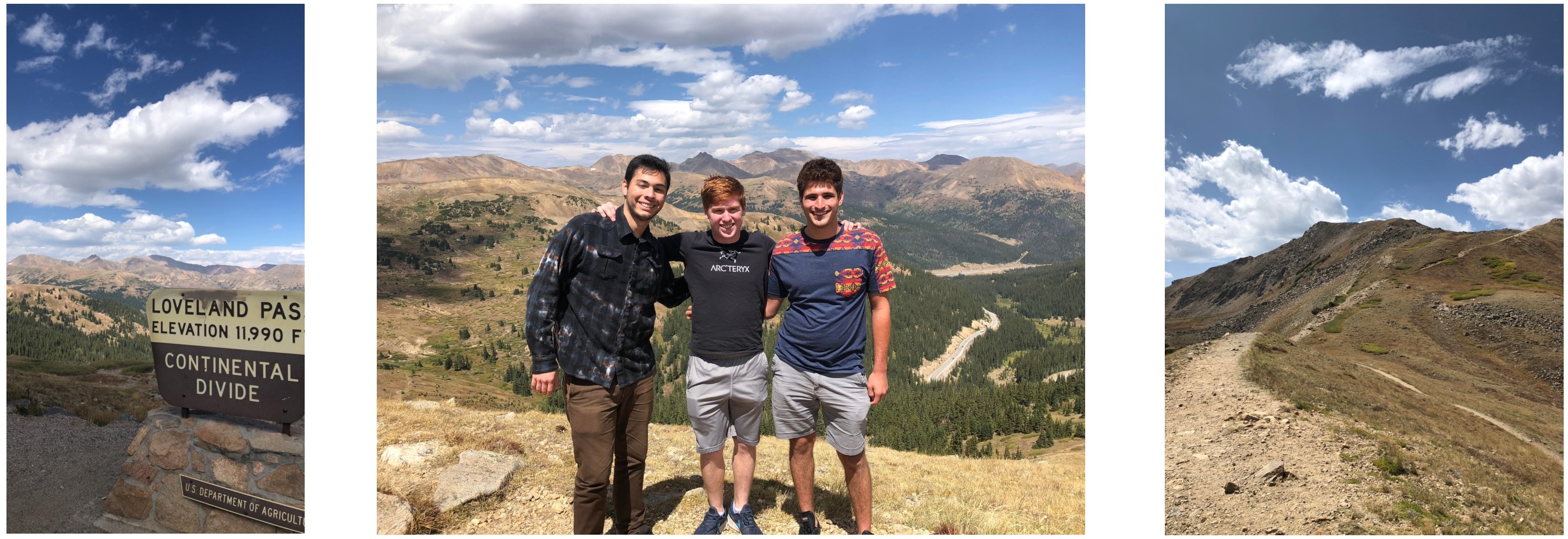 The left picture is a scenic shot with a sign reading "Loveland Pass. Elevation 11,990FT. Continental Divide." The middle photo is a picture of Jack, Seth, and Abtin in front of Loveland Pass. The right photo is another photo of the nature with a blue sky and clouds.
