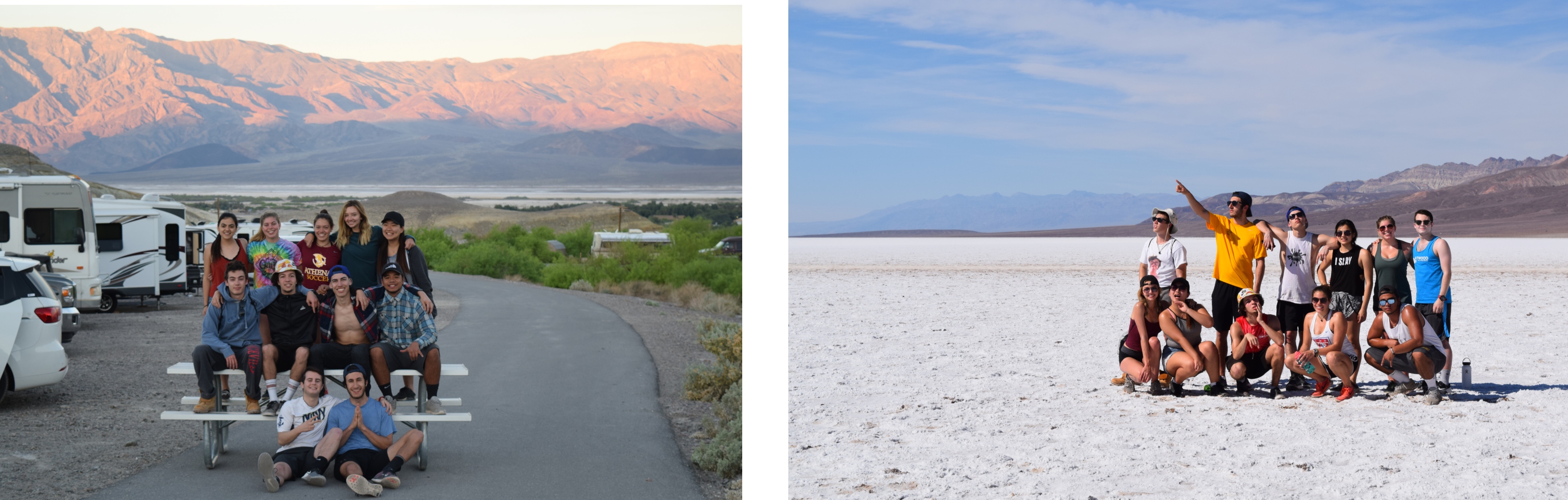 Two photos of Matt Kanovsky, Will McDonald, Daniel Brito, Kanoa Gilliland, Mariah Ewing, Steph Blankley, Kira Favakeh, Anna Serbent, Jane Watts, and Lavon Burgo at scenic spots on their road trip.