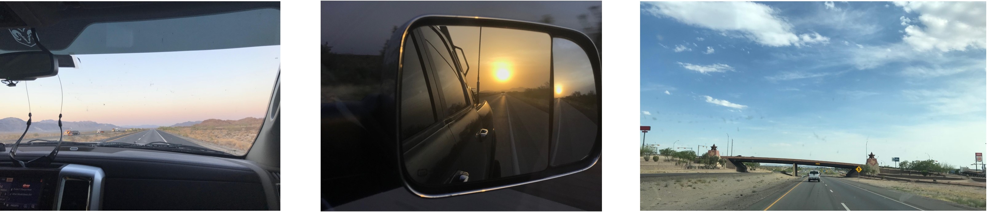 Three photos taken from inside a car on a road trip. The first one features a pastel sunset, the second one features a sun setting in a rear view mirror, and the third one has a blue sky with clouds.
