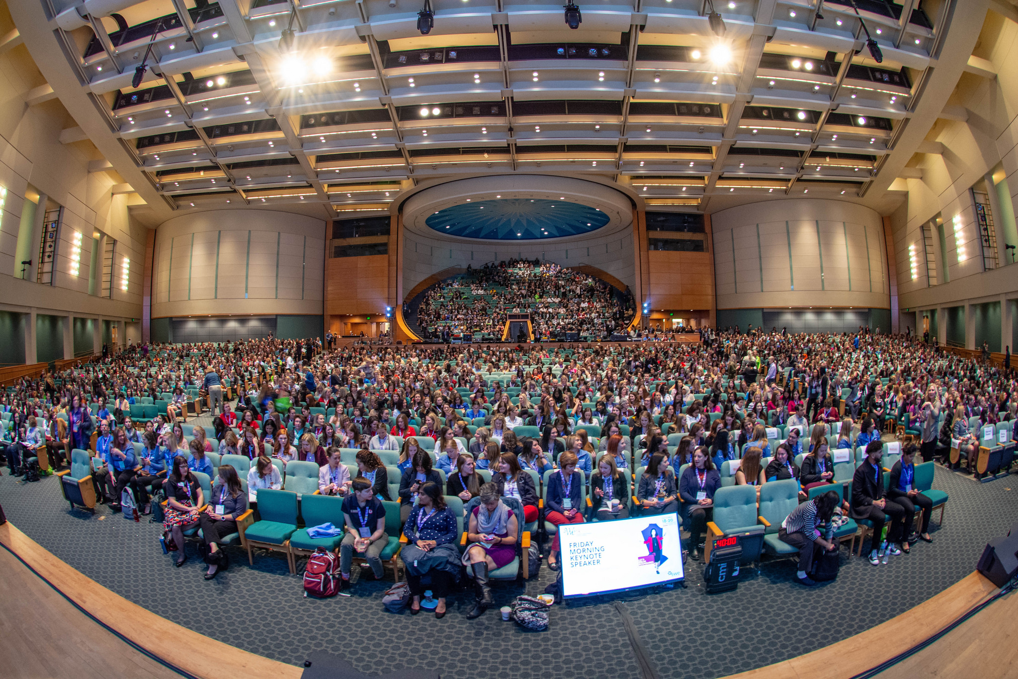 A fish-eye photo of the main auditorium where many of the talks were held at the conference.
