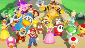 Picture depicts shows all 21 characters from Nintendo's 'Mario Party' videogame. Mario, Luigi, Peach, Bowser among them.